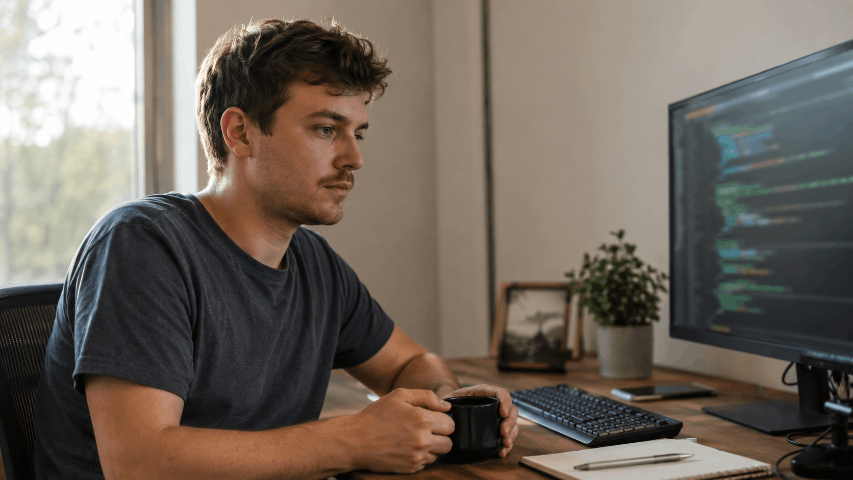 A software engineer reviewing code on a monitor at his desk