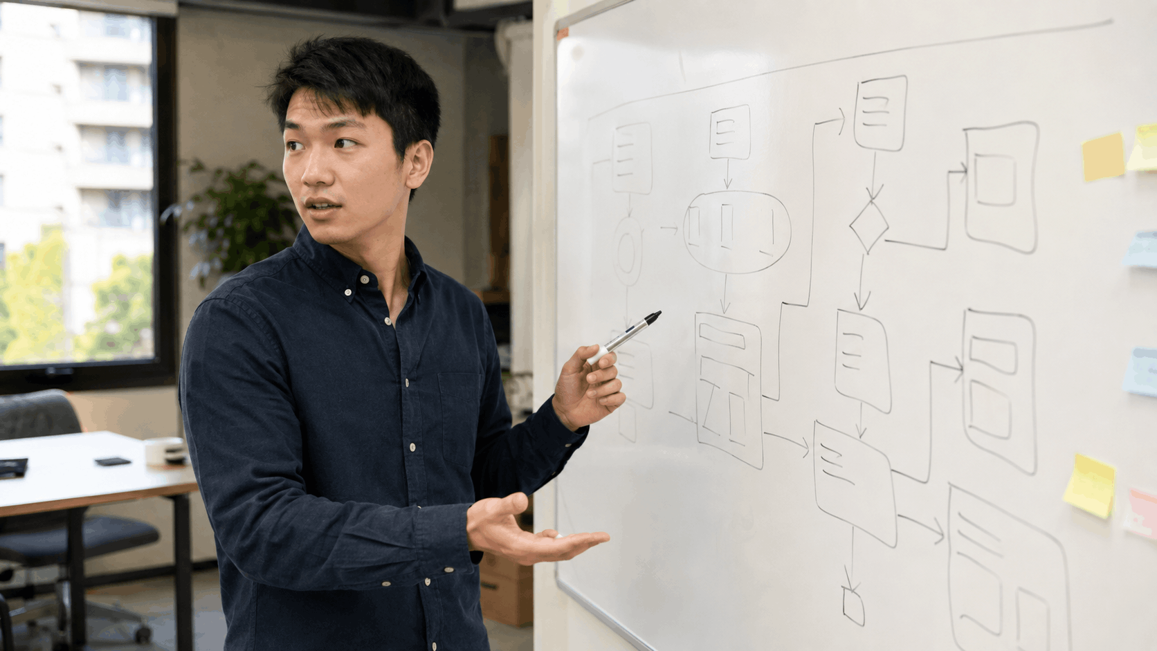 A product manager sketching a product flow on a whiteboard