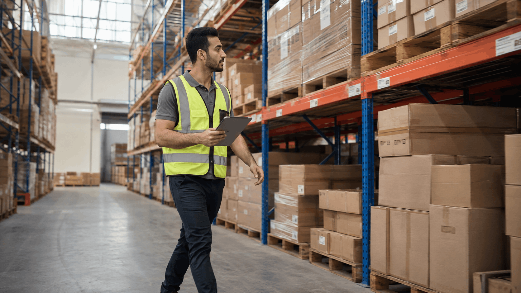 An operations manager walking a warehouse aisle with a tablet