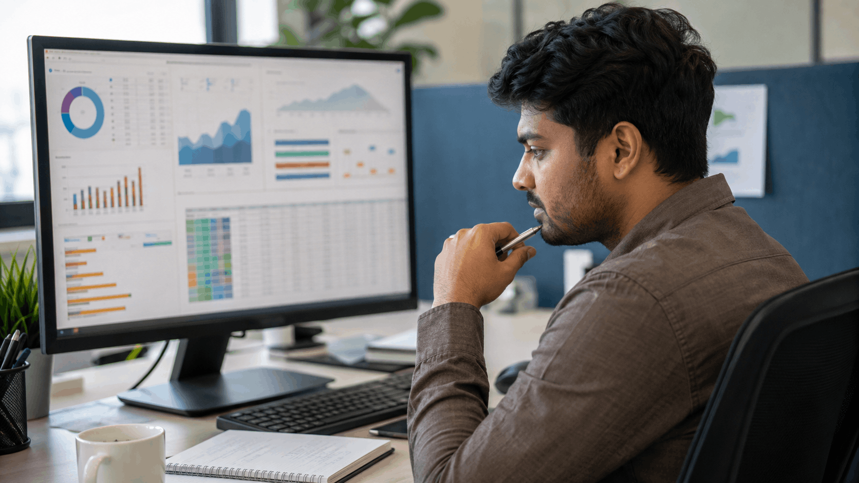 A business analyst studying data dashboards on a large monitor