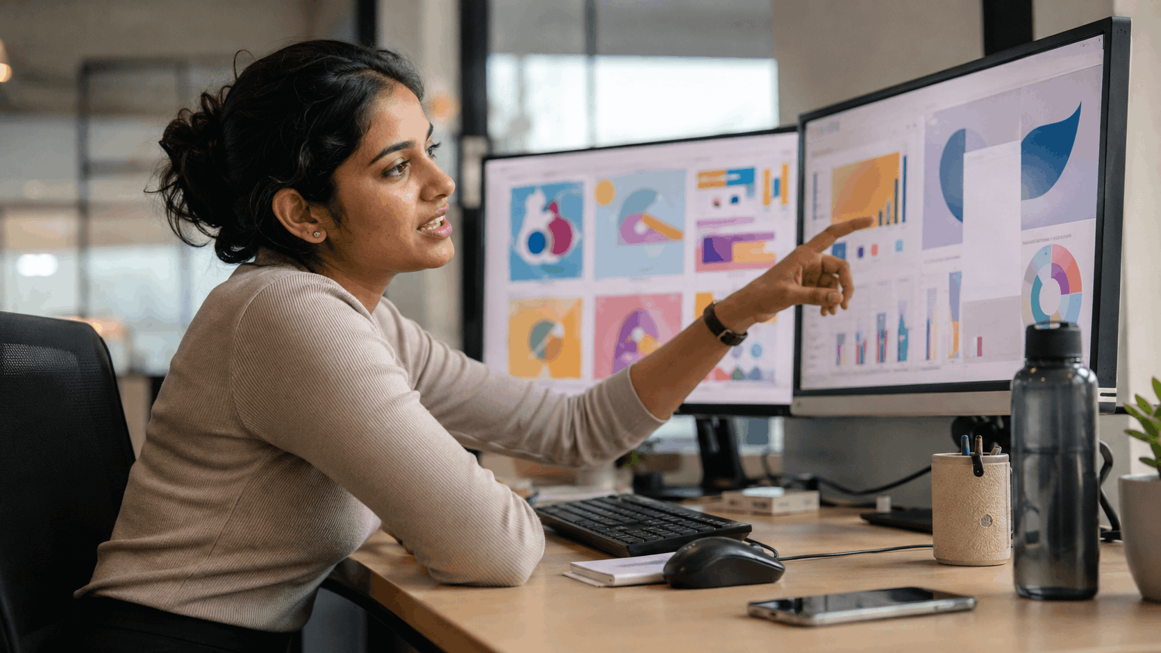 A marketing manager reviewing campaign designs on dual monitors